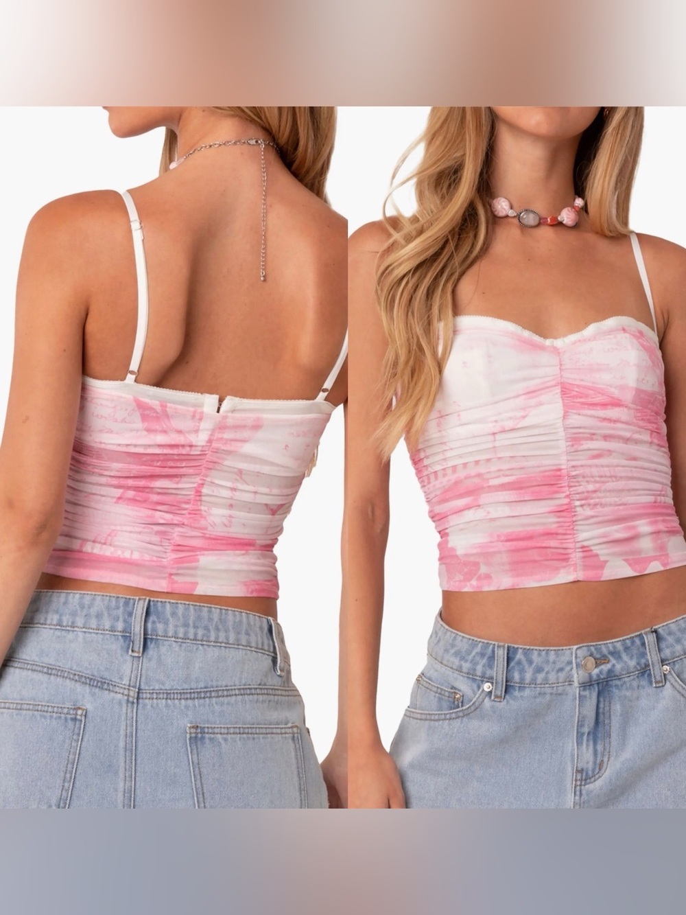 EDIKTED Evelyn Printed Pink Ruched Top Mesh Fabric Adjustable Straps Sz Small